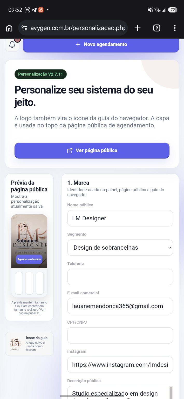 Tela real de personalização do AVYGEN